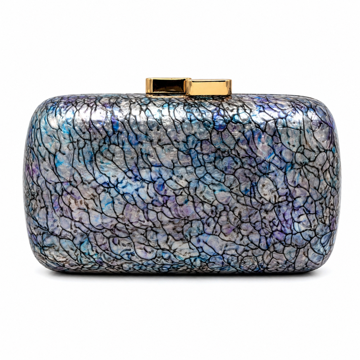 L’APOGÉE Elektra rectangular acrylic clutch featuring iridescent cracked textures in silver, blue, violet, and black with a glossy structured silhouette designed for futuristic evening styling and statement fashion moments.