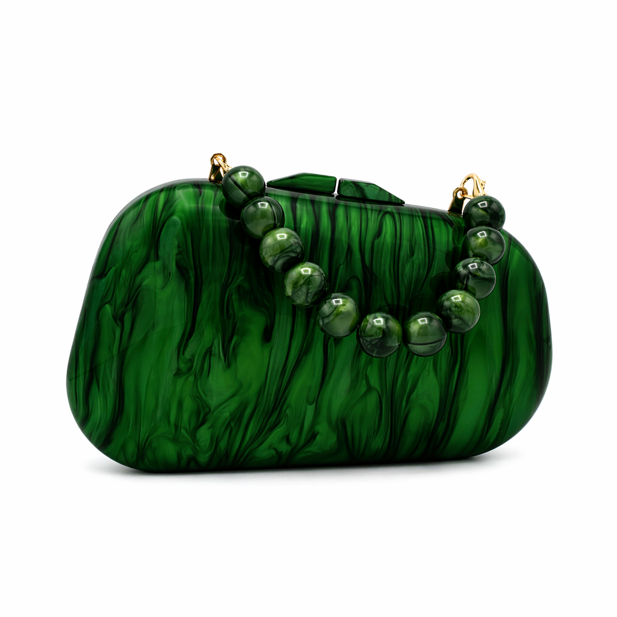 L’APOGÉE Émera sculptural acrylic evening bag featuring rich emerald green marbled finishes, a glossy curved silhouette, and a statement green beaded handle designed for luxury evening styling and bold fashion moments.