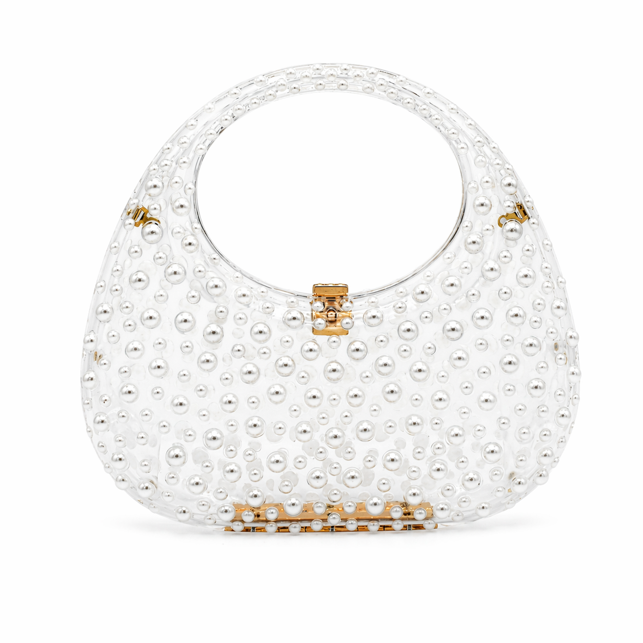 L’APOGÉE Éternelle pearl embellished evening bag featuring glossy ivory finishes, intricate pearl detailing, and an elegant rounded silhouette designed for bridal styling and sophisticated luxury occasions.