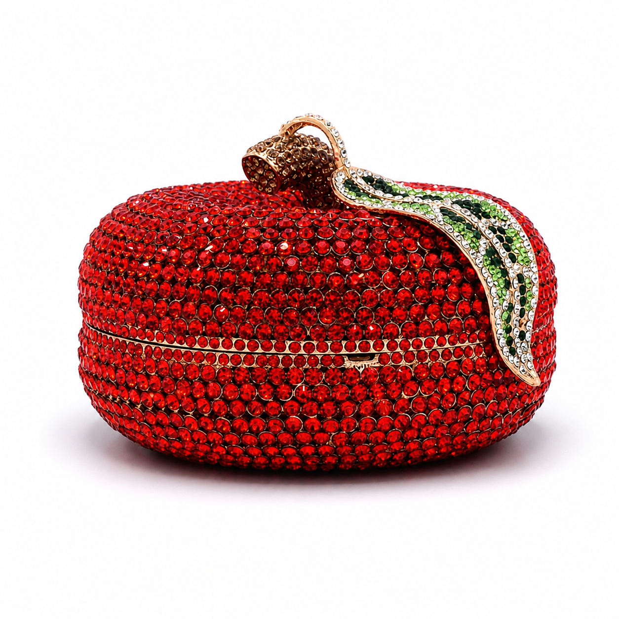 L’APOGÉE Forbidden Fruit apple-shaped rhinestone evening bag designed for parties, weddings, formal events, and bold statement occasion styling.