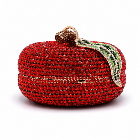 L’APOGÉE Forbidden Fruit apple-shaped rhinestone evening bag designed for parties, weddings, formal events, and bold statement occasion styling.