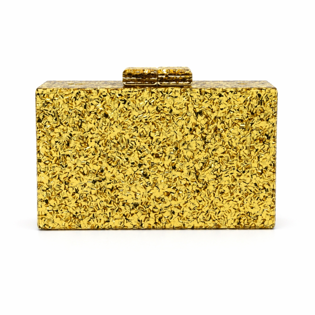 L’APOGÉE Glitz in Gold rectangular crystal box clutch featuring shimmering gold textured embellishments and a structured silhouette designed for weddings, parties, and luxury occasion styling.