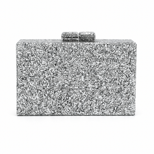 L’APOGÉE Glitz in Silver rectangular crystal box clutch featuring shimmering silver textured embellishments and a structured silhouette designed for weddings, formal events, and glamorous evening styling.