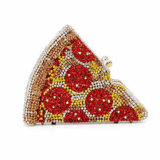 L’APOGÉE Guilty Pleasure pizza-shaped rhinestone evening bag designed for parties, fashion events, playful statement styling, and glamorous occasion looks.