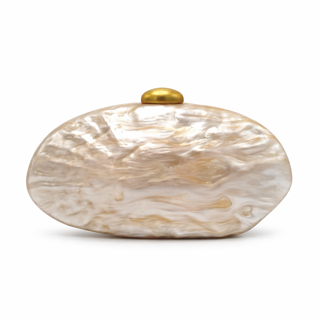 L’APOGÉE Lithéa oval acrylic clutch featuring glossy beige marbled finishes, a smooth sculptural silhouette, and elegant metallic clasp detailing designed for refined evening styling and luxury fashion moments.