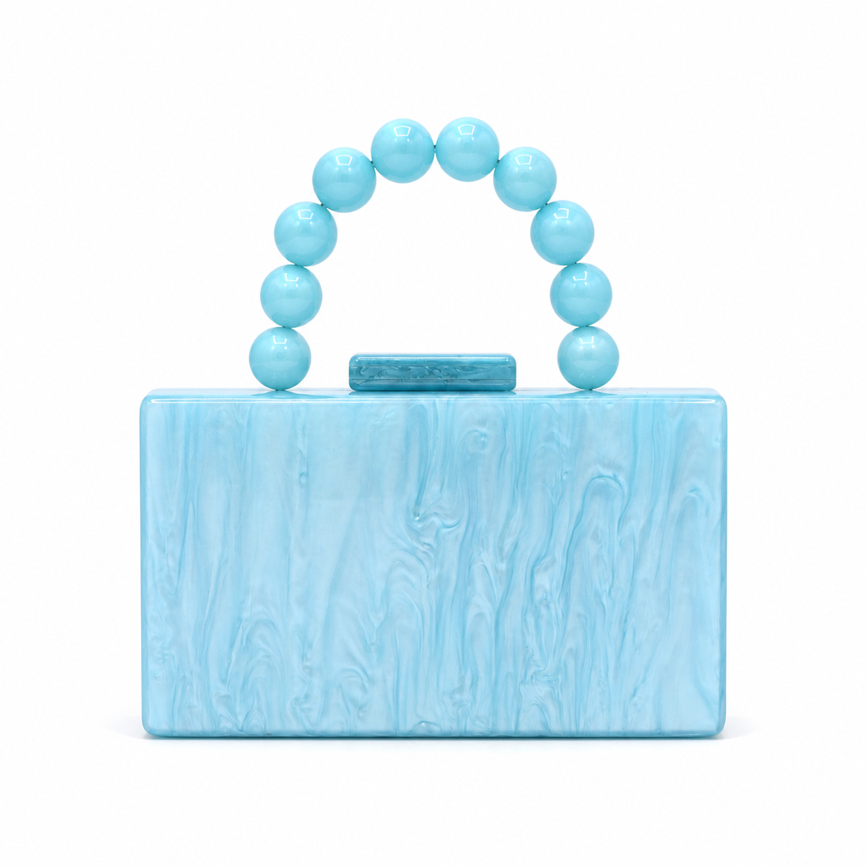 L’APOGÉE Lolita in Cyan rectangular acrylic clutch featuring glossy cyan blue marbled tones and a rounded beaded top handle designed for vacations, brunches, and playful occasion styling.