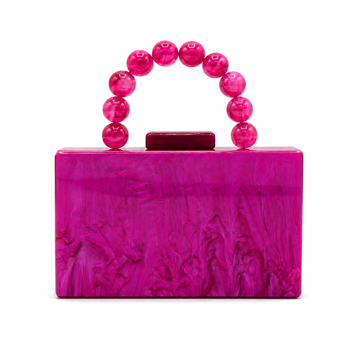L’APOGÉE Lolita in Fuchsia rectangular acrylic clutch featuring vibrant fuchsia marbled tones and a rounded beaded top handle designed for parties, fashion events, and bold statement occasion styling.
