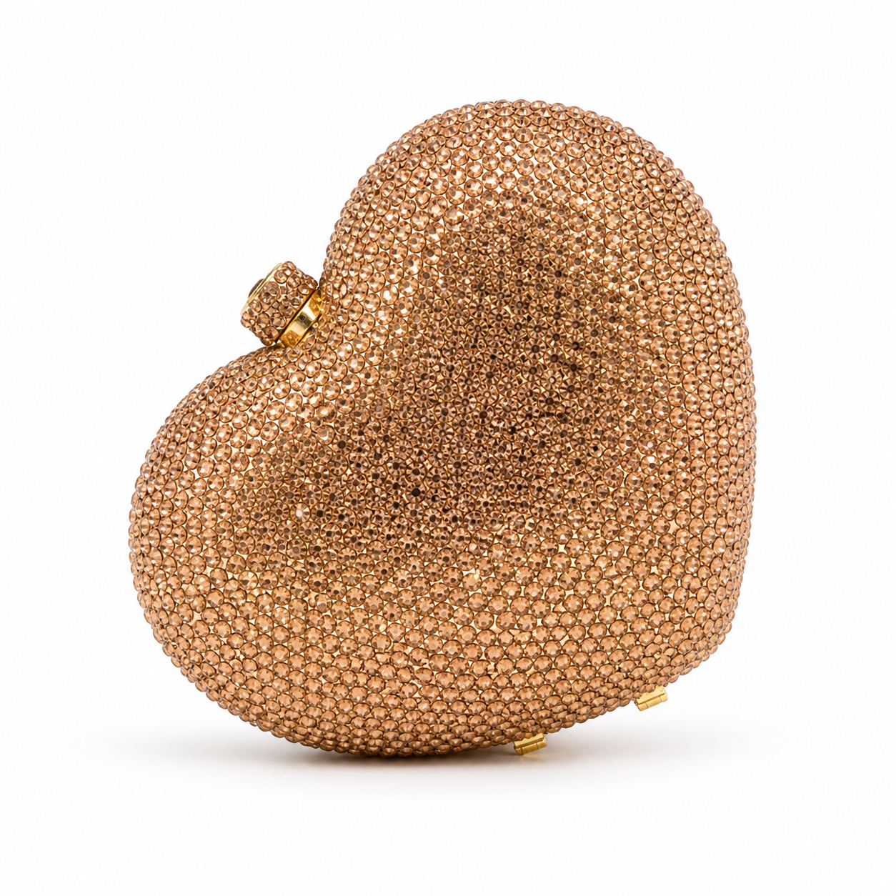L’APOGÉE Love heart-shaped rhinestone evening bag in bronze designed for weddings, date nights, formal events, and glamorous occasion styling.