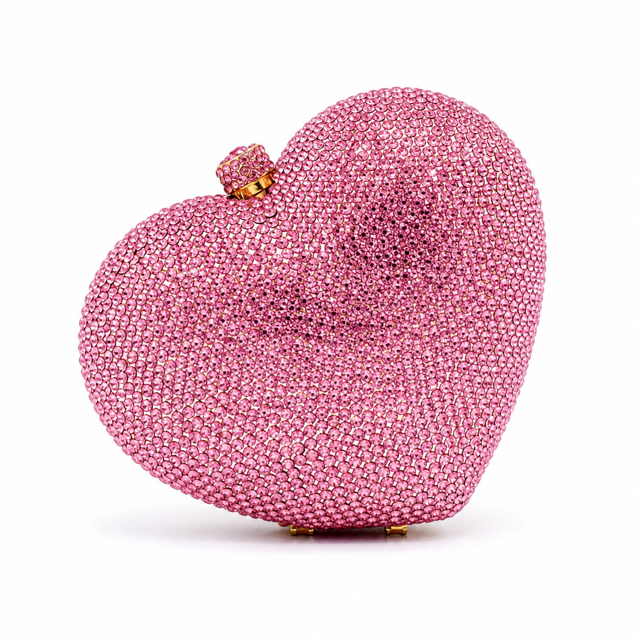 L’APOGÉE Love heart-shaped rhinestone evening bag in pink designed for weddings, date nights, formal events, and glamorous occasion styling.