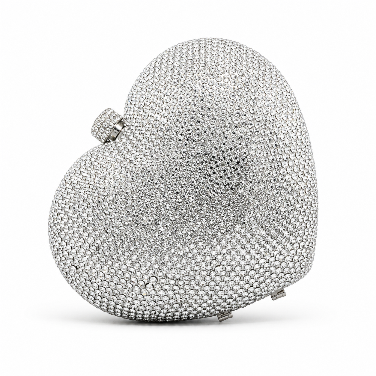 L’APOGÉE Love heart-shaped rhinestone evening bag in silver designed for weddings, date nights, formal events, and glamorous occasion styling