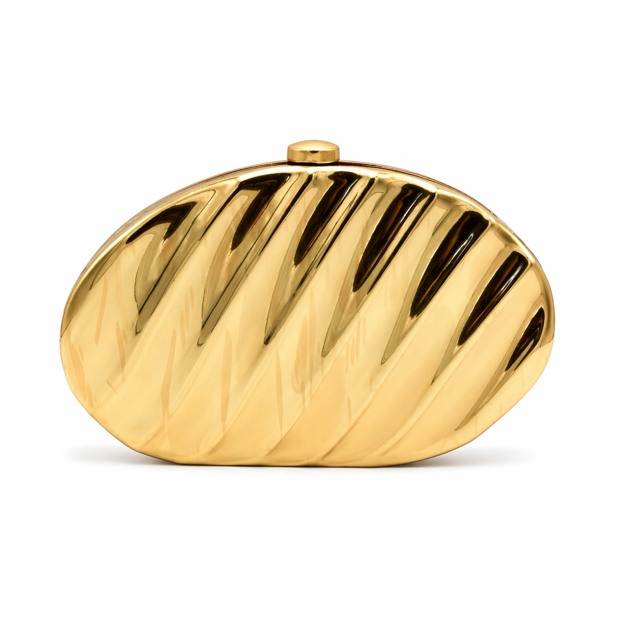 L’APOGÉE Lustre metallic evening clutch featuring reflective gold finishes, a sculptural oval silhouette, and modern luxury detailing designed for glamorous events and bold statement styling.