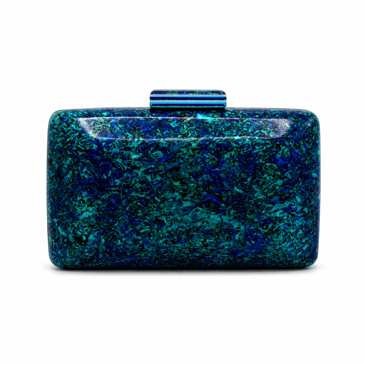 L’APOGÉE Marea acrylic clutch featuring iridescent blue and emerald reflective textures, a glossy structured silhouette, and modern metallic detailing designed for glamorous evening styling and bold statement fashion looks.