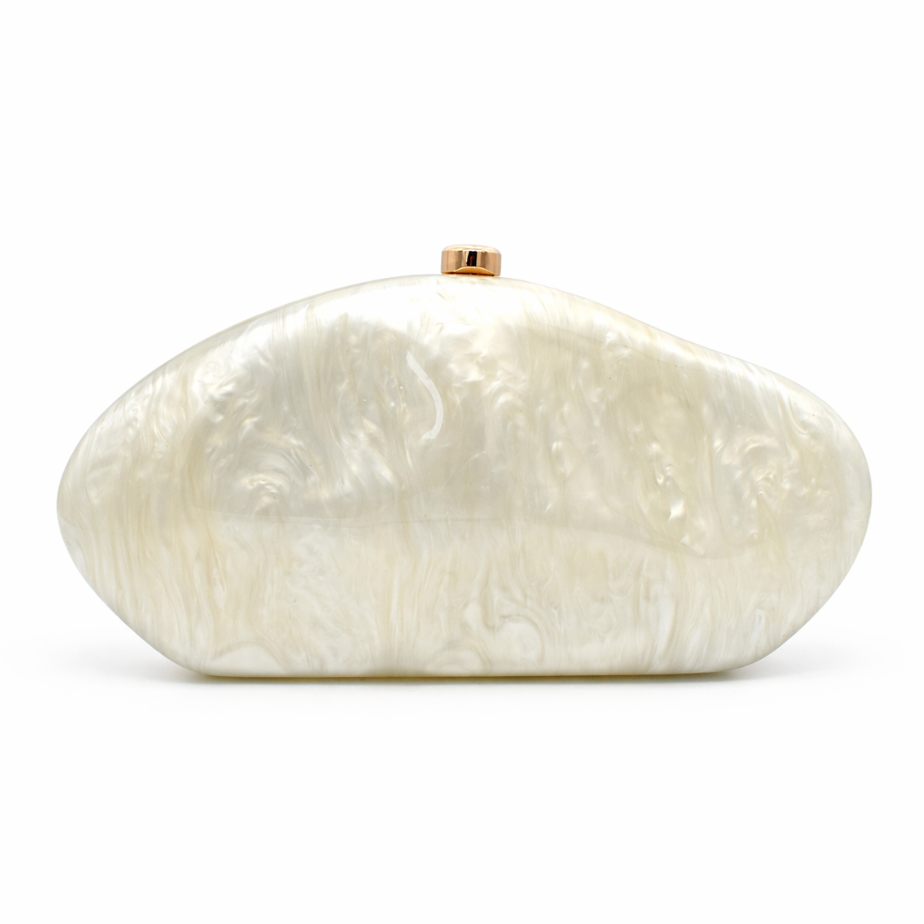 L’APOGÉE Moon in Ivory sculptural acrylic evening bag featuring a futuristic metallic design for weddings, formal events, and statement occasion styling.
