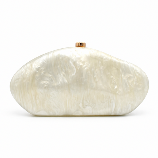 L’APOGÉE Moon in Ivory sculptural acrylic evening bag featuring a futuristic metallic design for weddings, formal events, and statement occasion styling.
