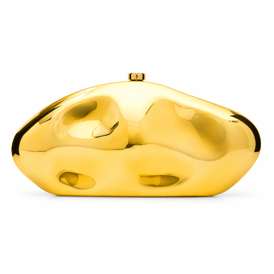 L’APOGÉE Moon in gold sculptural acrylic evening bag featuring a futuristic metallic design for weddings, formal events, and statement occasion styling.