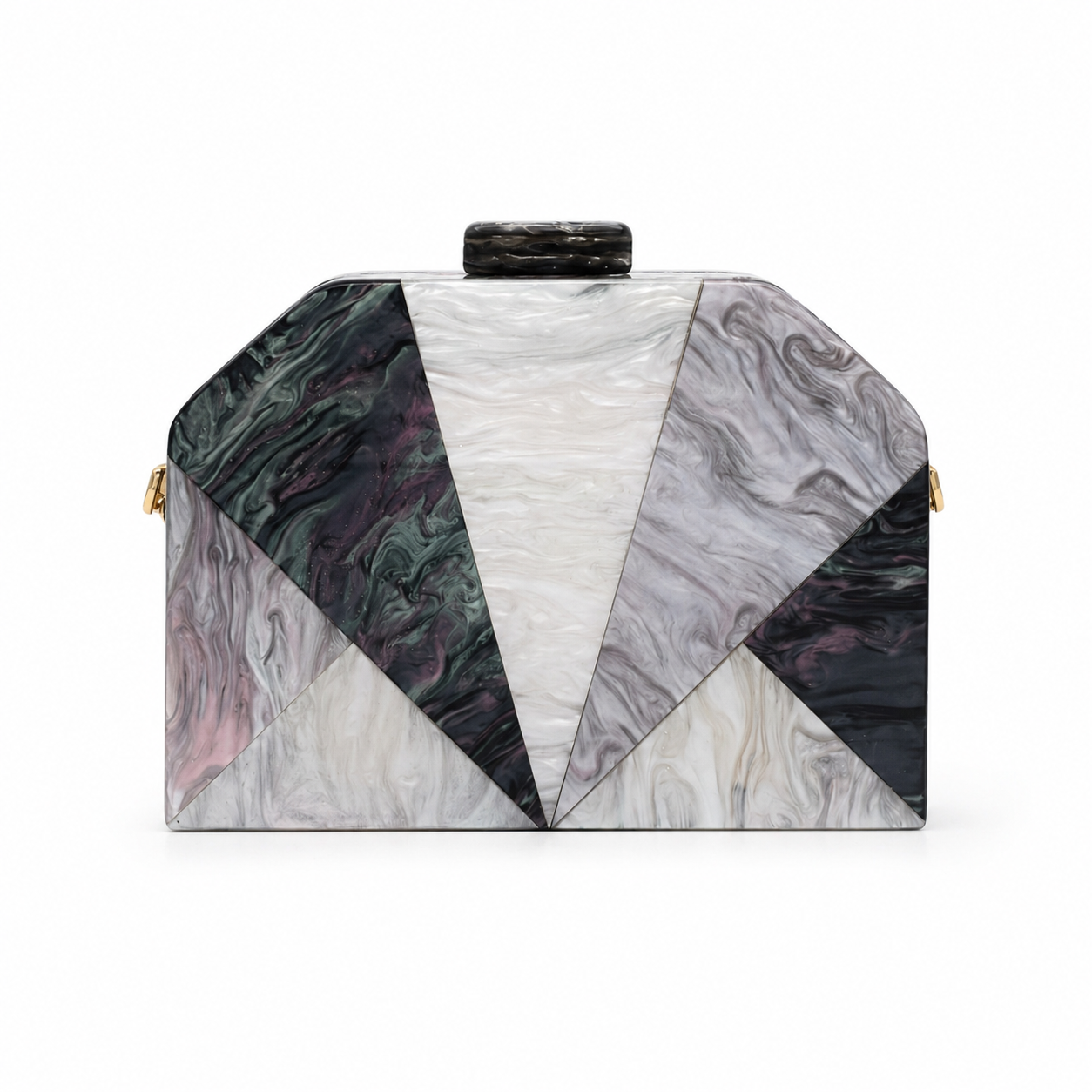 L’APOGÉE Nocturne geometric acrylic clutch featuring smoky black, charcoal, ivory, and grey marbled tones with a sculptural angular silhouette designed for formal events, dinners, and sophisticated evening styling.