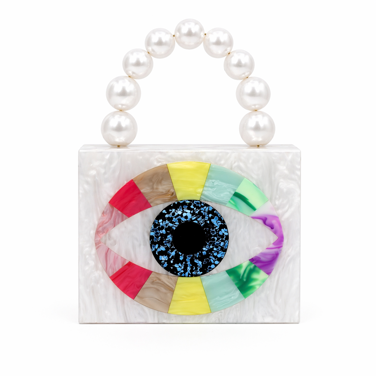 L’APOGÉE Ojito acrylic statement clutch featuring a colorful evil eye design, pearly white marbled tones, and a pearl top handle designed for vacations, parties, and playful statement styling.