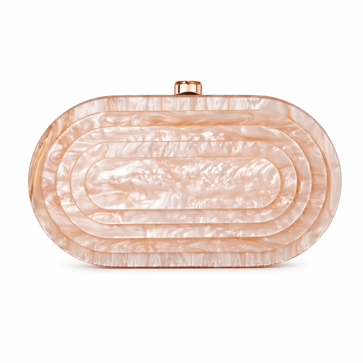 L’APOGÉE Olympia in Beige layered oval acrylic clutch featuring warm beige marbled tones and a sculptural concentric silhouette designed for weddings, dinners, and elegant occasion styling.