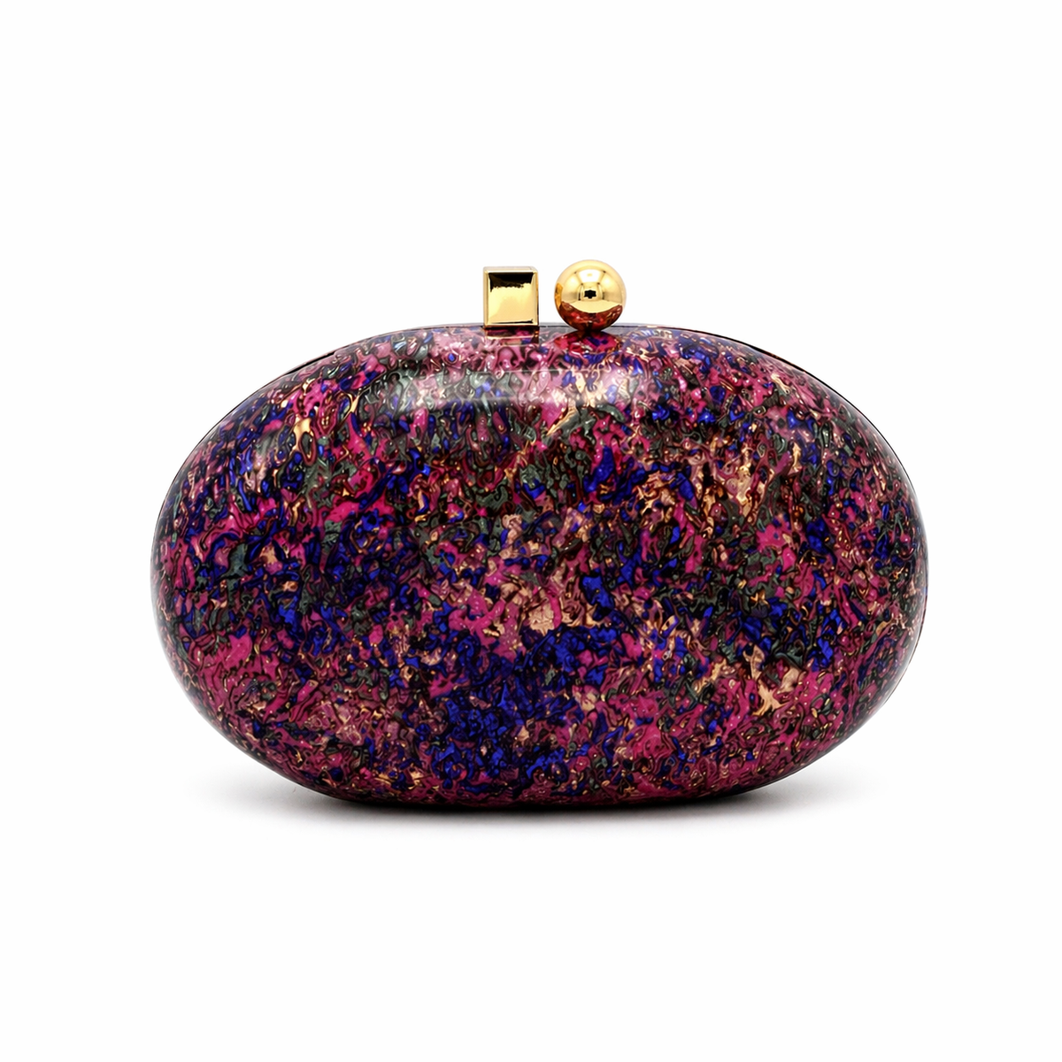 L’APOGÉE Orphée oval acrylic evening bag featuring iridescent multicolor marbled tones in purple, blue, pink, and gold with a glossy sculptural silhouette designed for parties, fashion events, and statement evening styling.