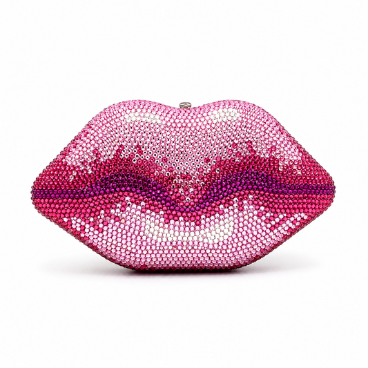 L’APOGÉE Pink Kiss rhinestone lip-shaped evening bag designed for parties, weddings, formal events, and glamorous statement styling.