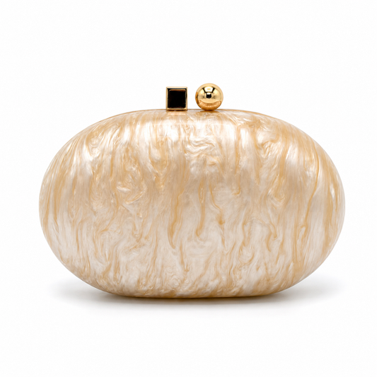 L’APOGÉE Pluto in Beige round sculptural acrylic evening bag featuring glossy beige marbled tones and a statement circular silhouette designed for weddings, brunches, formal events, and elegant occasion styling.