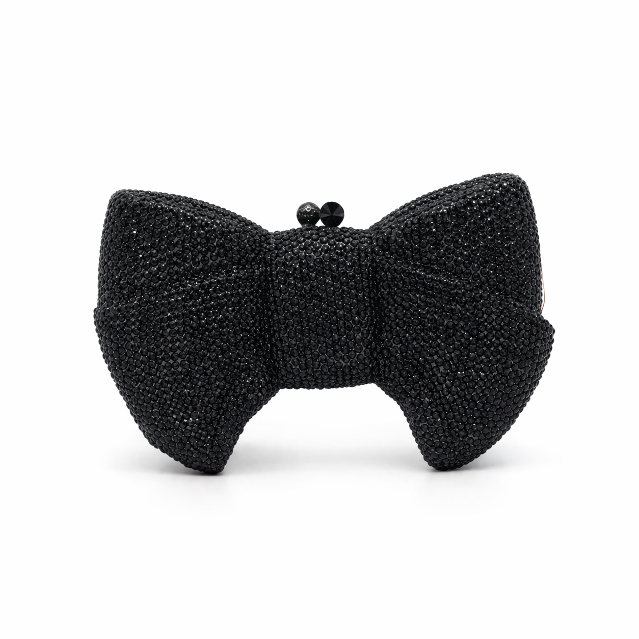 L’APOGÉE Pretty Please black bow evening bag featuring rhinestone embellishments designed for weddings, formal events, and glamorous occasion styling.
