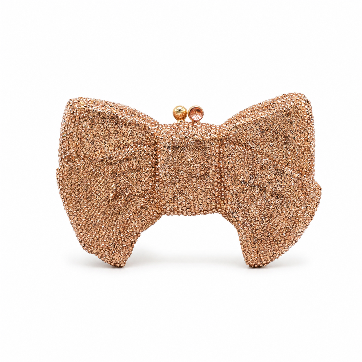 L’APOGÉE Pretty Please champagne bow evening bag featuring rhinestone embellishments designed for weddings, formal events, and glamorous occasion styling.