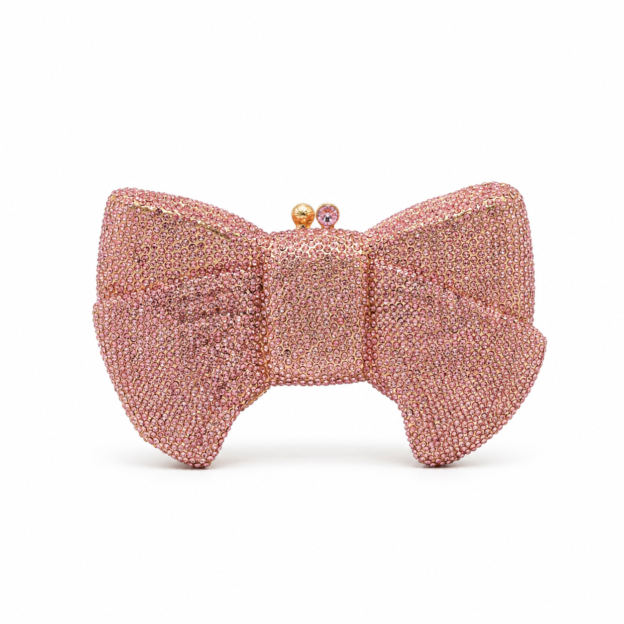L’APOGÉE Pretty Please Pink bow evening bag featuring rhinestone embellishments designed for weddings, formal events, and glamorous occasion styling.