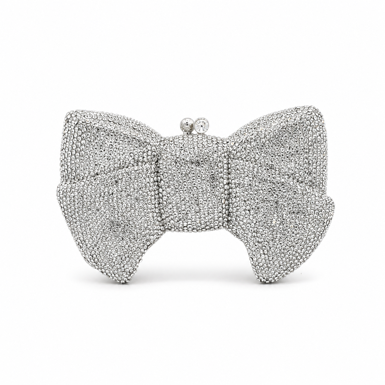 L’APOGÉE Pretty Please Silver bow evening bag featuring rhinestone embellishments designed for weddings, formal events, and glamorous occasion styling.