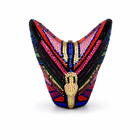 L’APOGÉE Prisma Wings butterfly-shaped rhinestone evening bag designed for parties, weddings, fashion events, and bold statement occasion styling.