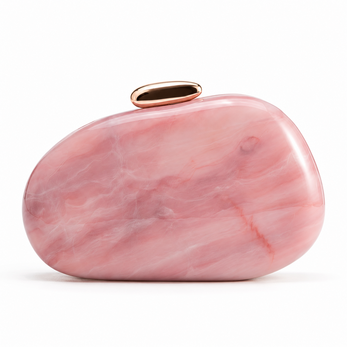 L’APOGÉE Puissance in Blush Quartz sculptural oval acrylic evening bag featuring soft blush quartz marbled tones and a glossy gold clasp designed for weddings, dinners, and elegant statement occasion styling.
