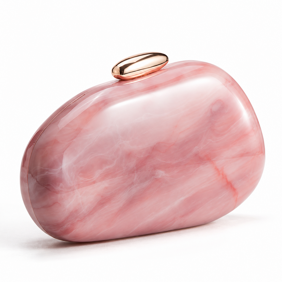 L’APOGÉE Puissance in Blush Quartz sculptural oval acrylic evening bag featuring soft blush quartz marbled tones and a glossy gold clasp designed for weddings, dinners, and elegant statement occasion styling.
