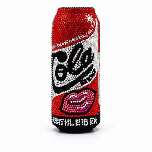 L’APOGÉE Red Temptation soda can-shaped rhinestone evening bag designed for parties, fashion events, bold statement styling, and glamorous occasion looks.