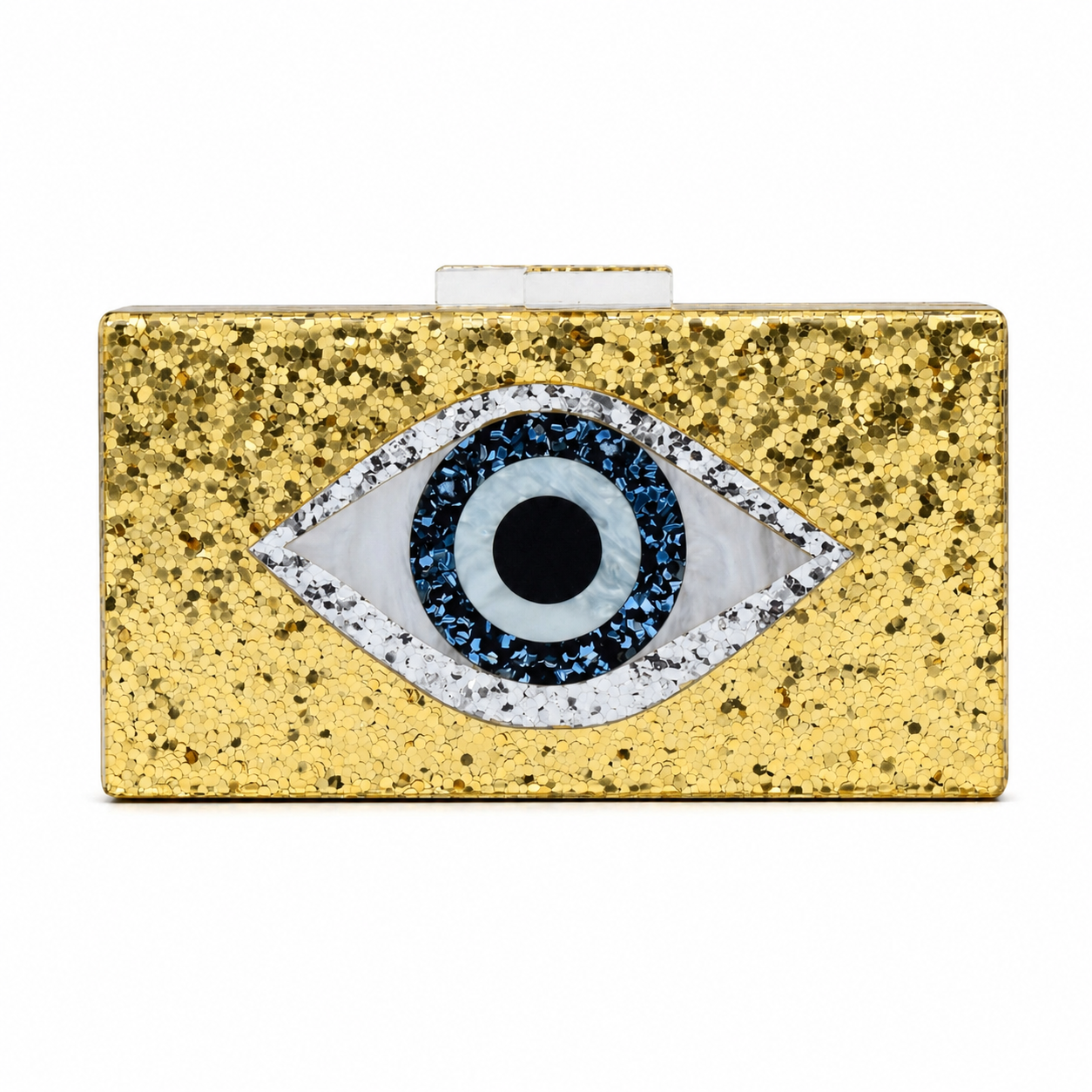 L’APOGÉE Retina rectangular acrylic clutch featuring glittering gold textures and a bold evil eye motif in blue, black, and silver designed for statement evening styling and artistic fashion looks.