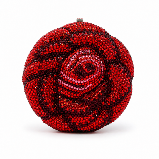 L’APOGÉE Romance rose-shaped rhinestone evening bag in red designed for weddings, romantic occasions, formal events, and statement evening styling.