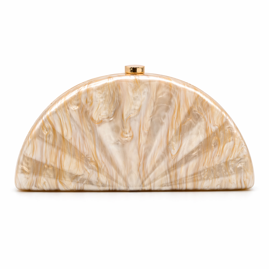 L’APOGÉE Sensu in Beige fan-shaped acrylic evening bag featuring glossy beige marbled tones and a sculptural pleated silhouette designed for weddings, formal events, and elegant occasion styling.