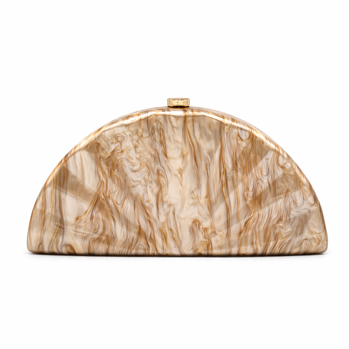 L’APOGÉE Sensu in Champagne fan-shaped acrylic evening bag featuring glossy champagne gold marbled tones and a sculptural pleated silhouette designed for weddings, luxury dinners, and glamorous evening styling.