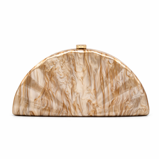 L’APOGÉE Sensu in Champagne fan-shaped acrylic evening bag featuring glossy champagne gold marbled tones and a sculptural pleated silhouette designed for weddings, luxury dinners, and glamorous evening styling.