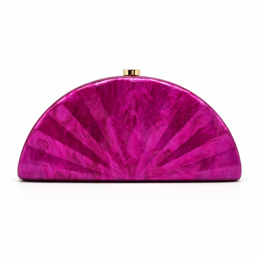 L’APOGÉE Sensu in Fuchsia fan-shaped acrylic evening bag featuring vibrant fuchsia marbled tones and a sculptural pleated silhouette designed for parties, fashion events, and bold statement styling.