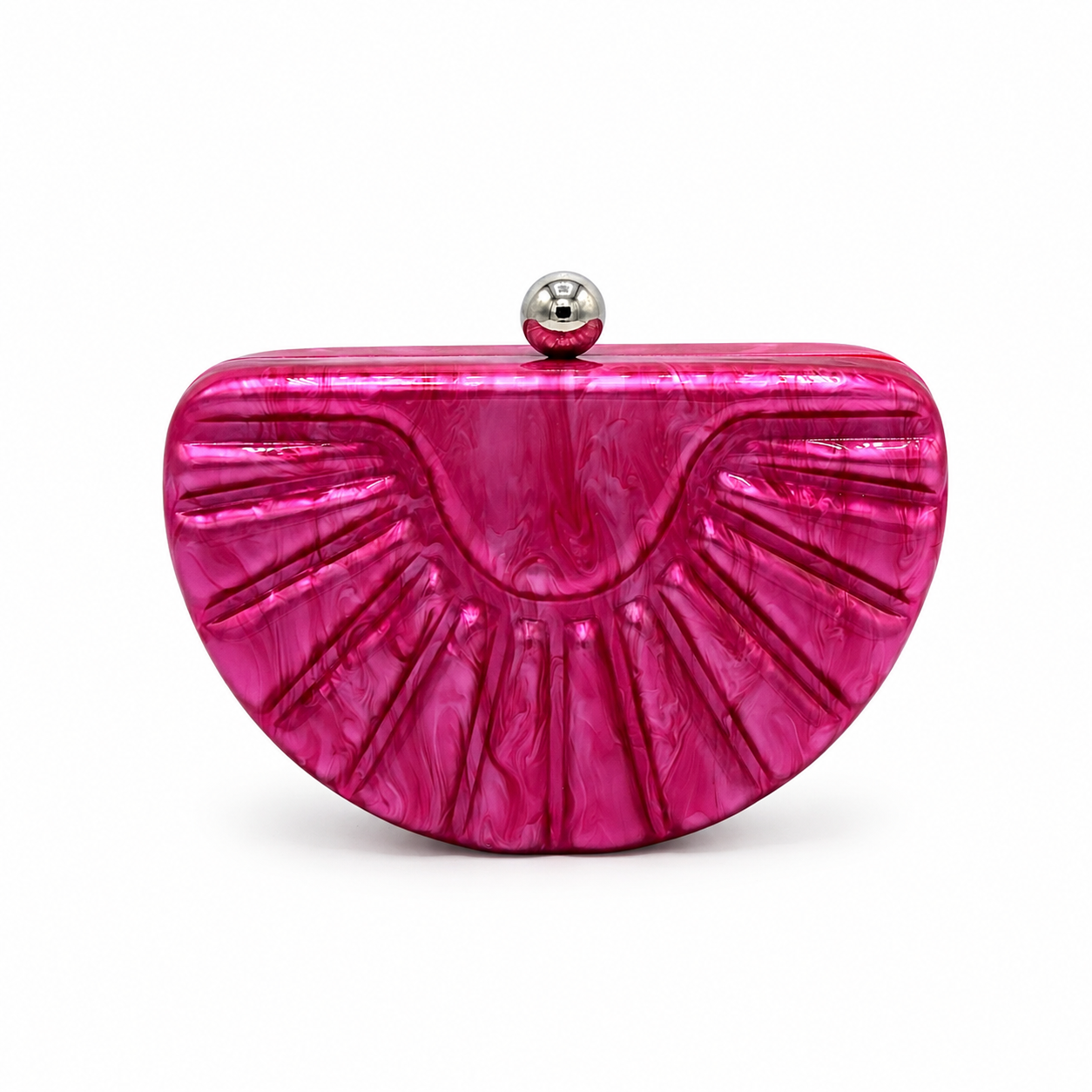 L’APOGÉE Sirena in Fuchsia shell-inspired acrylic evening bag featuring vibrant fuchsia marbled tones, sculptural fan detailing, and a curved silhouette designed for parties, fashion events, and bold statement styling.