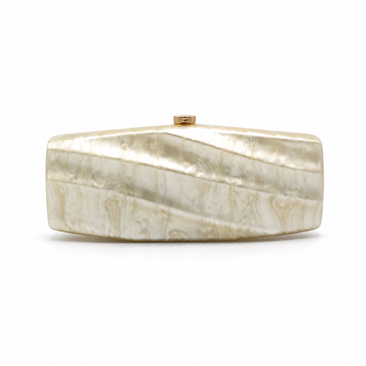 L’APOGÉE Solene elongated rectangular acrylic evening bag featuring pearly ivory marbled tones and a sleek sculptural silhouette designed for weddings, formal events, and elegant minimalist occasion styling.