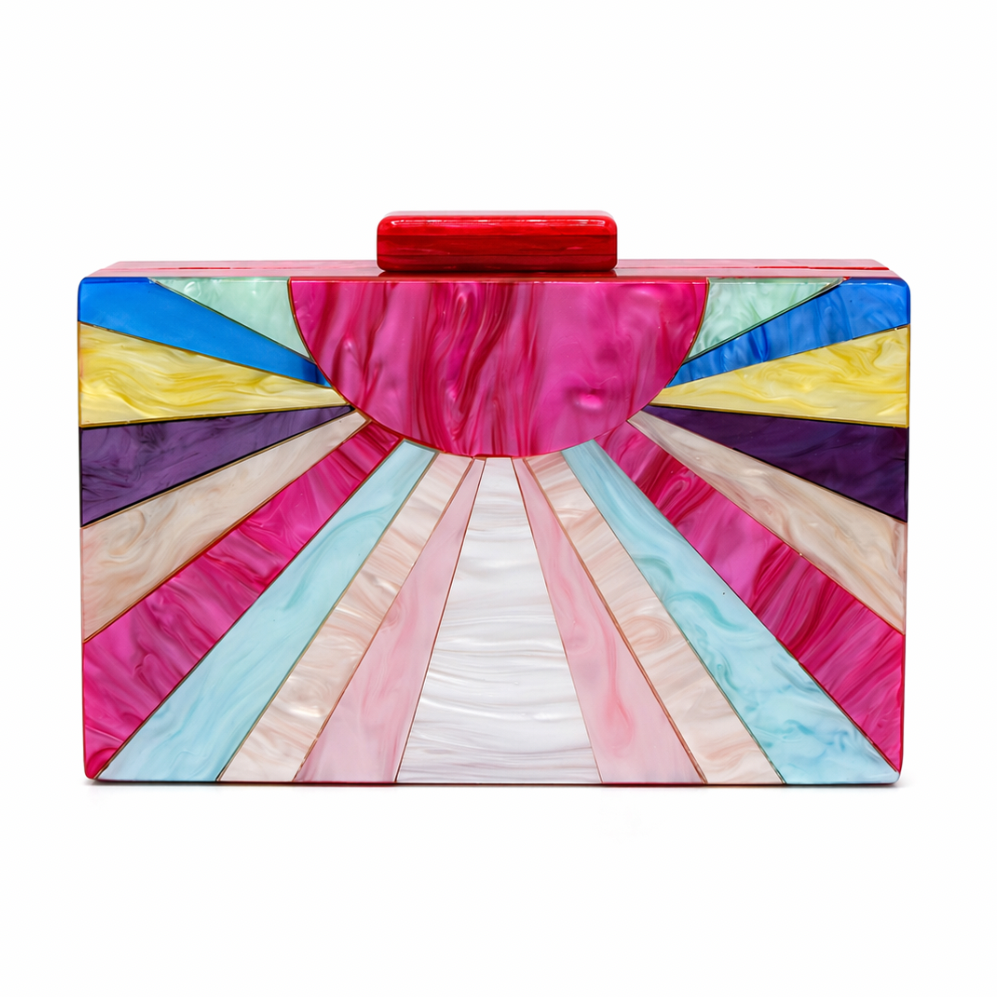 L’APOGÉE Spark rectangular acrylic clutch featuring multicolor marbled tones in pink, blue, yellow, ivory, and lilac with a bold sunburst design created for parties, fashion events, and statement styling.