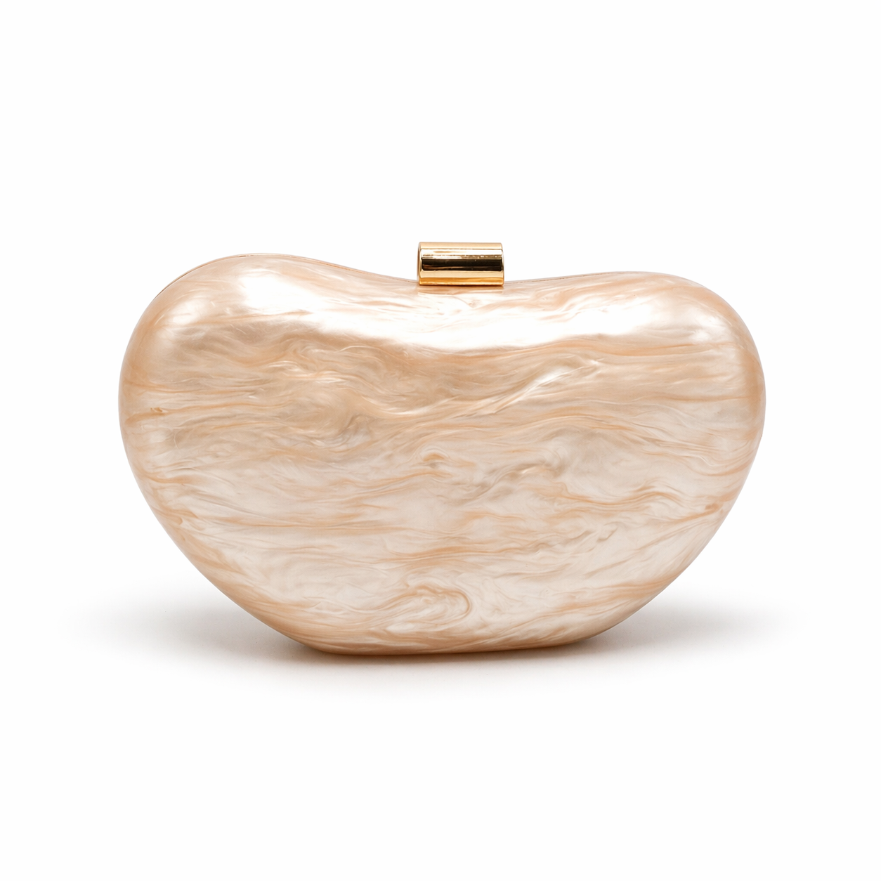 L’APOGÉE Terra sculptural acrylic clutch featuring soft beige marbled finishes, an organic curved silhouette, and glossy luxury detailing designed for sophisticated evening styling and modern statement fashion looks.