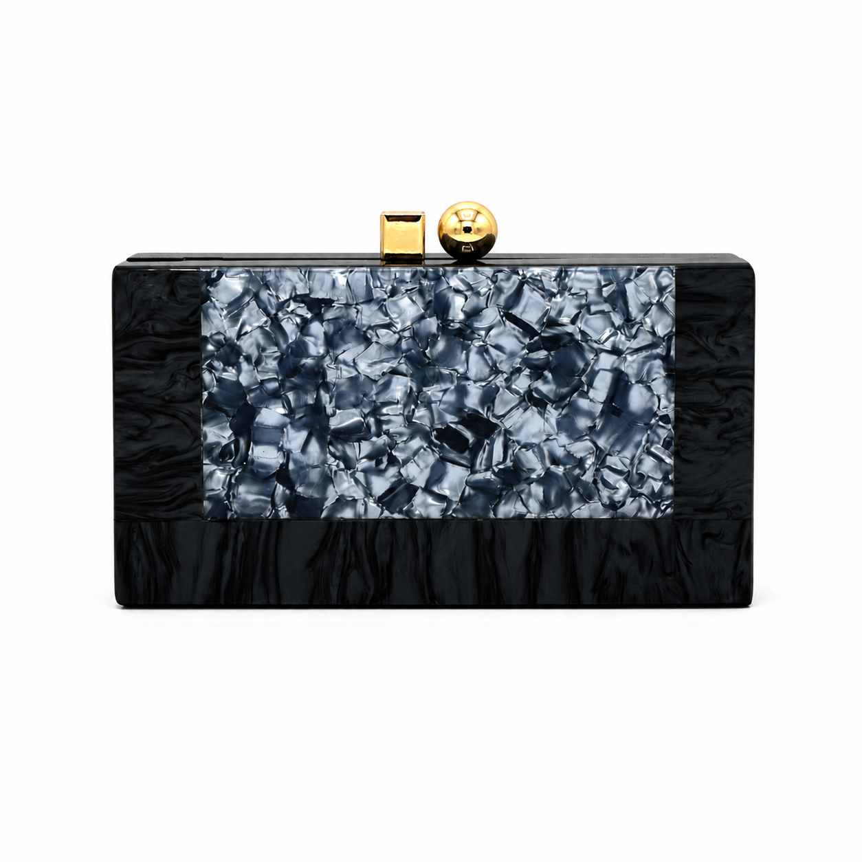 L’APOGÉE Zenith in Black marbled acrylic clutch featuring black and silver textured detailing designed for formal events, luxury dinners, and elegant statement occasion styling.