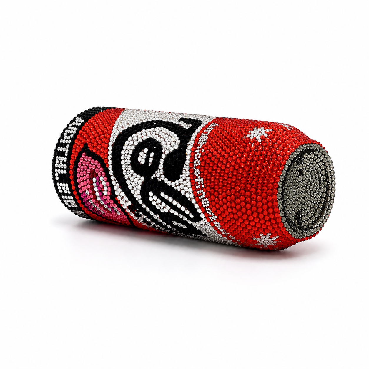 L’APOGÉE Red Temptation soda can-shaped rhinestone evening bag designed for parties, fashion events, bold statement styling, and glamorous occasion looks.