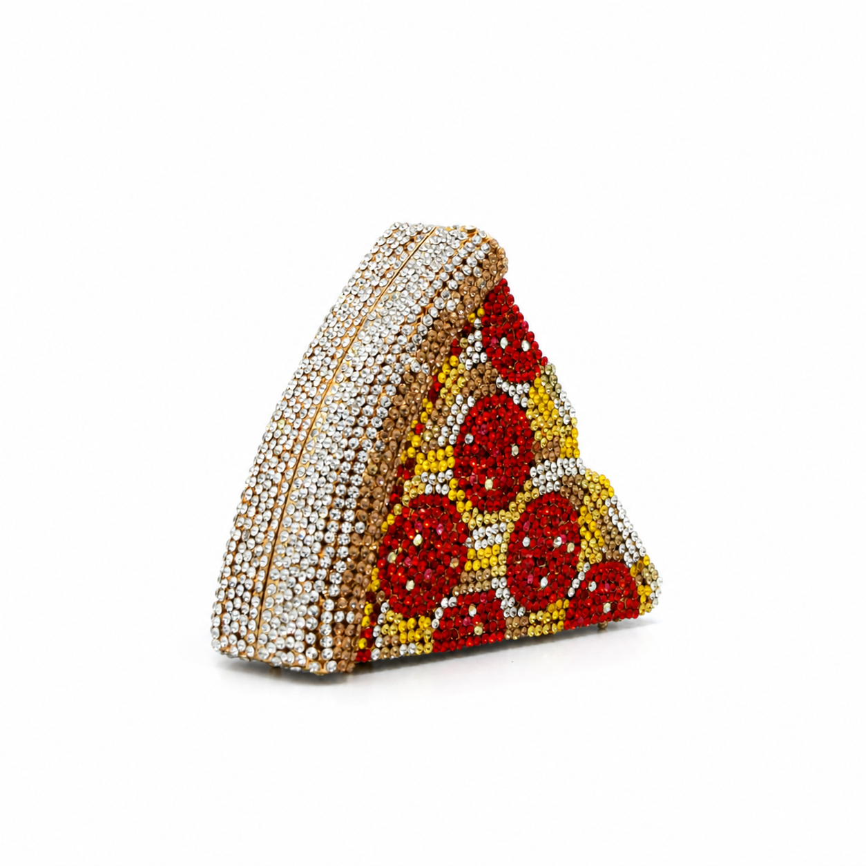 L’APOGÉE Guilty Pleasure pizza-shaped rhinestone evening bag designed for parties, fashion events, playful statement styling, and glamorous occasion looks.