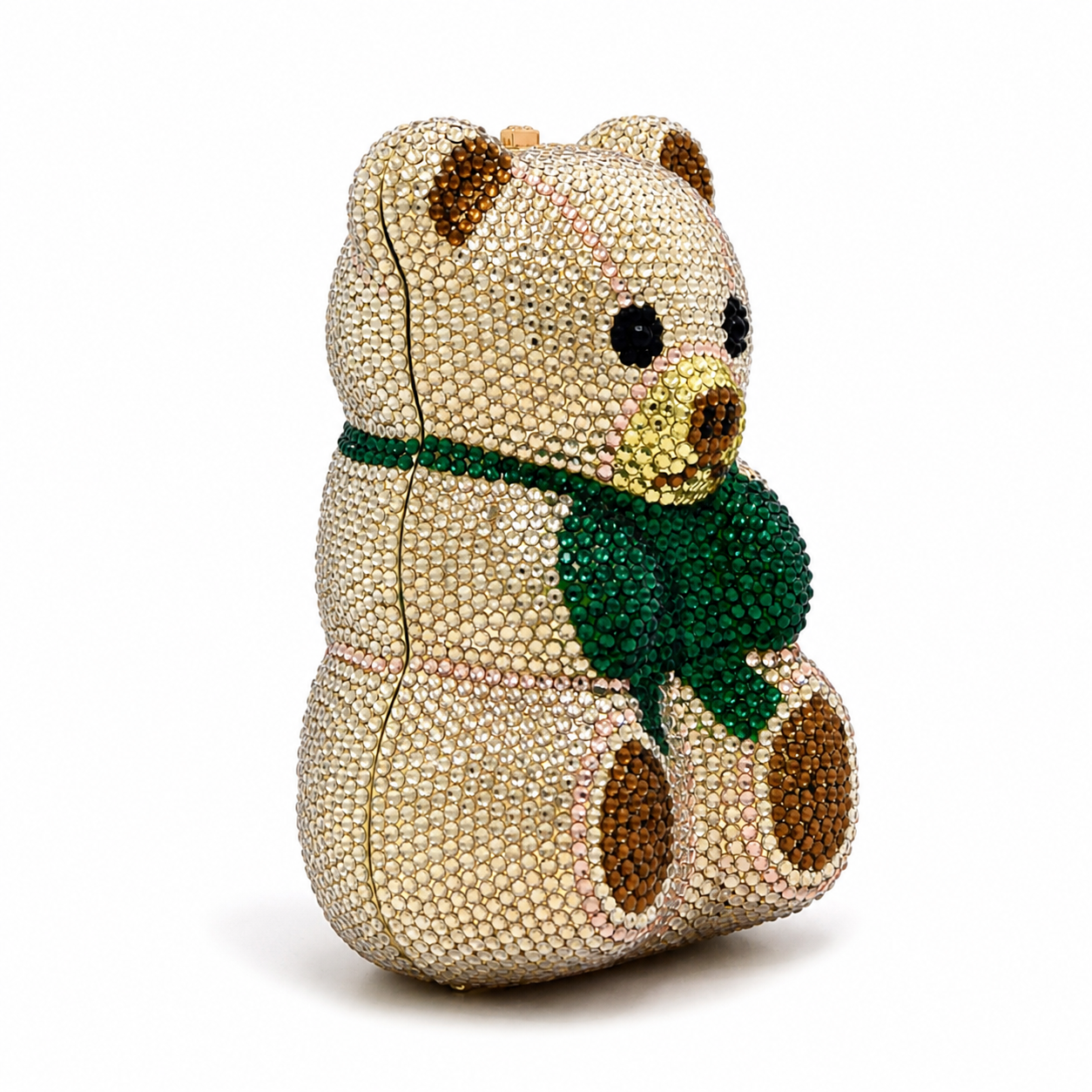 L’APOGÉE Bestie teddy bear-shaped rhinestone evening bag designed for parties, playful statement styling, fashion events, and glamorous occasion looks.