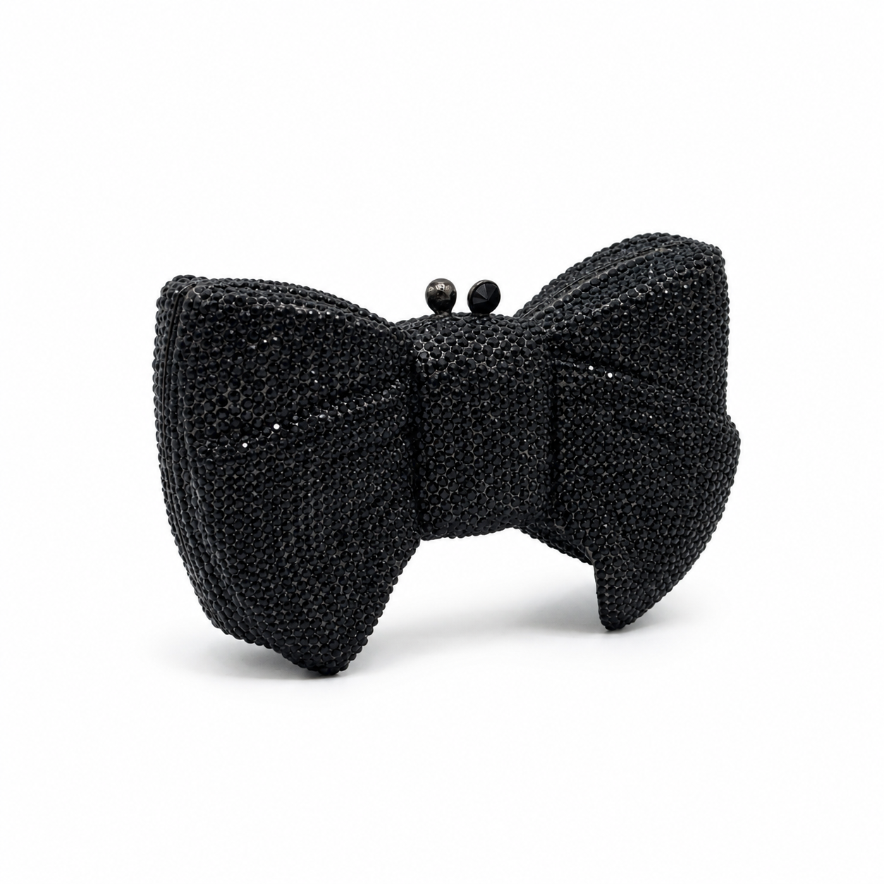 L’APOGÉE Pretty Please black bow evening bag featuring rhinestone embellishments designed for weddings, formal events, and glamorous occasion styling.
