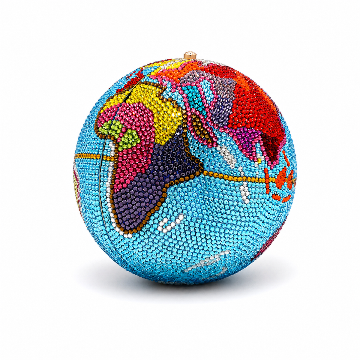 L’APOGÉE Atlas earth-inspired orb rhinestone evening bag featuring a globe statement design created for parties, weddings, formal events, and fashion-forward occasion styling.