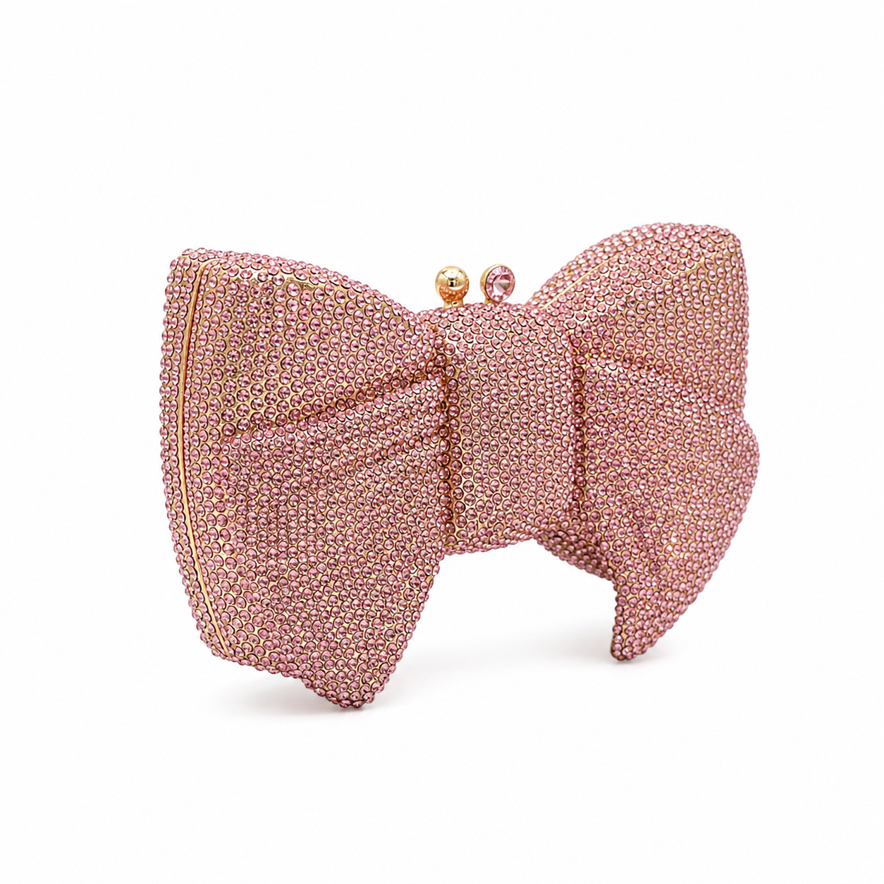 L’APOGÉE Pretty Please Pink bow evening bag featuring rhinestone embellishments designed for weddings, formal events, and glamorous occasion styling.